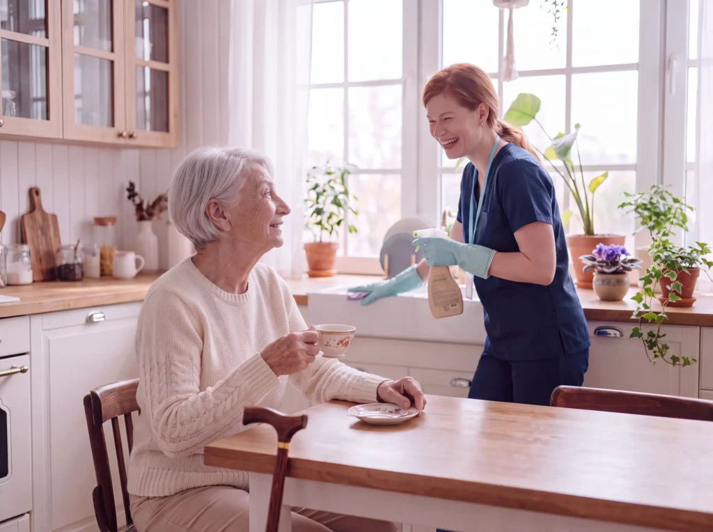 Caregiver in cleaning gloves shares a laugh with a senior woman drinking tea at the table in a bright kitchen.