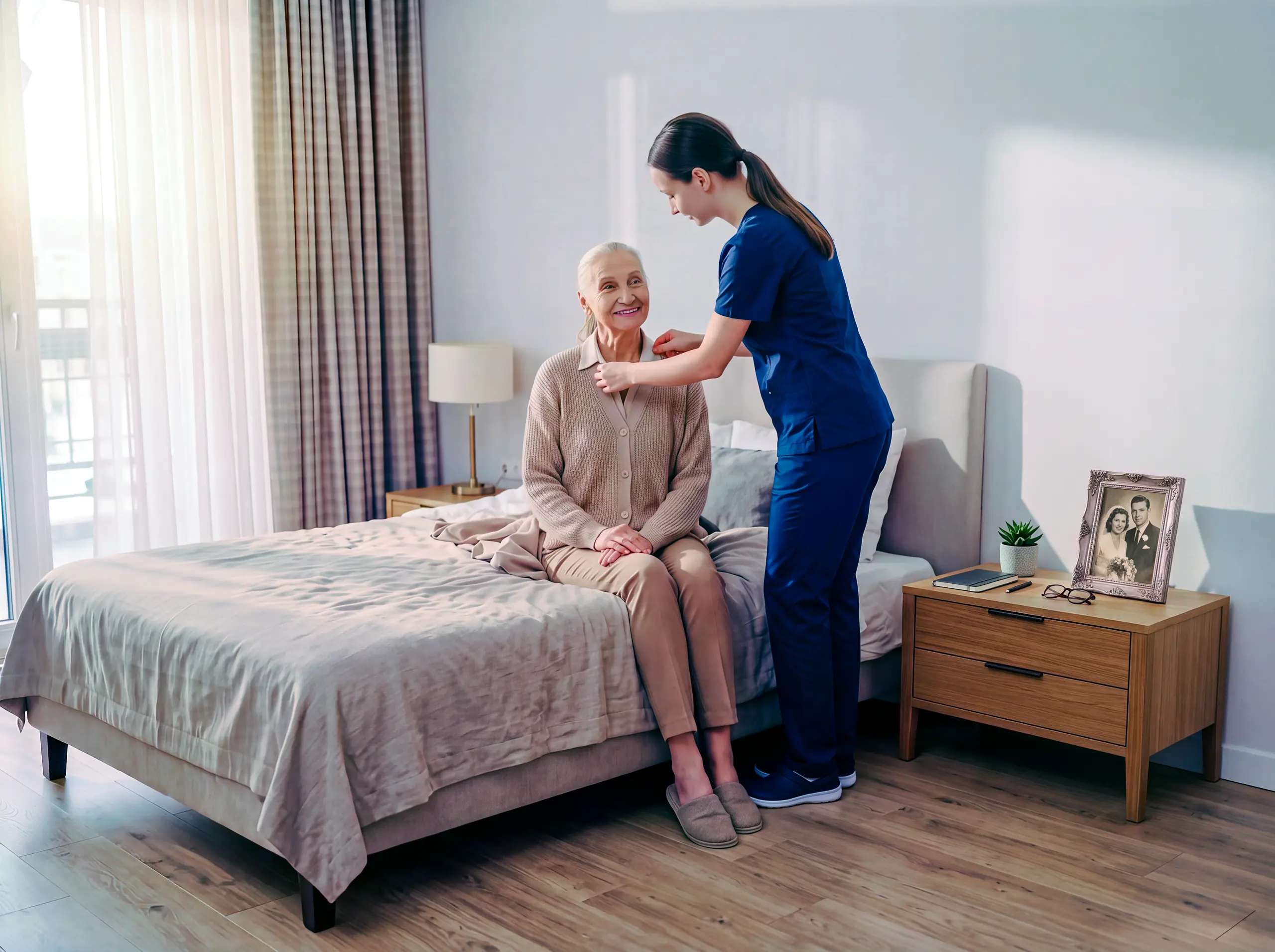 Caregiver in navy scrubs helping a smiling senior woman dress while she sits on her bed at home.