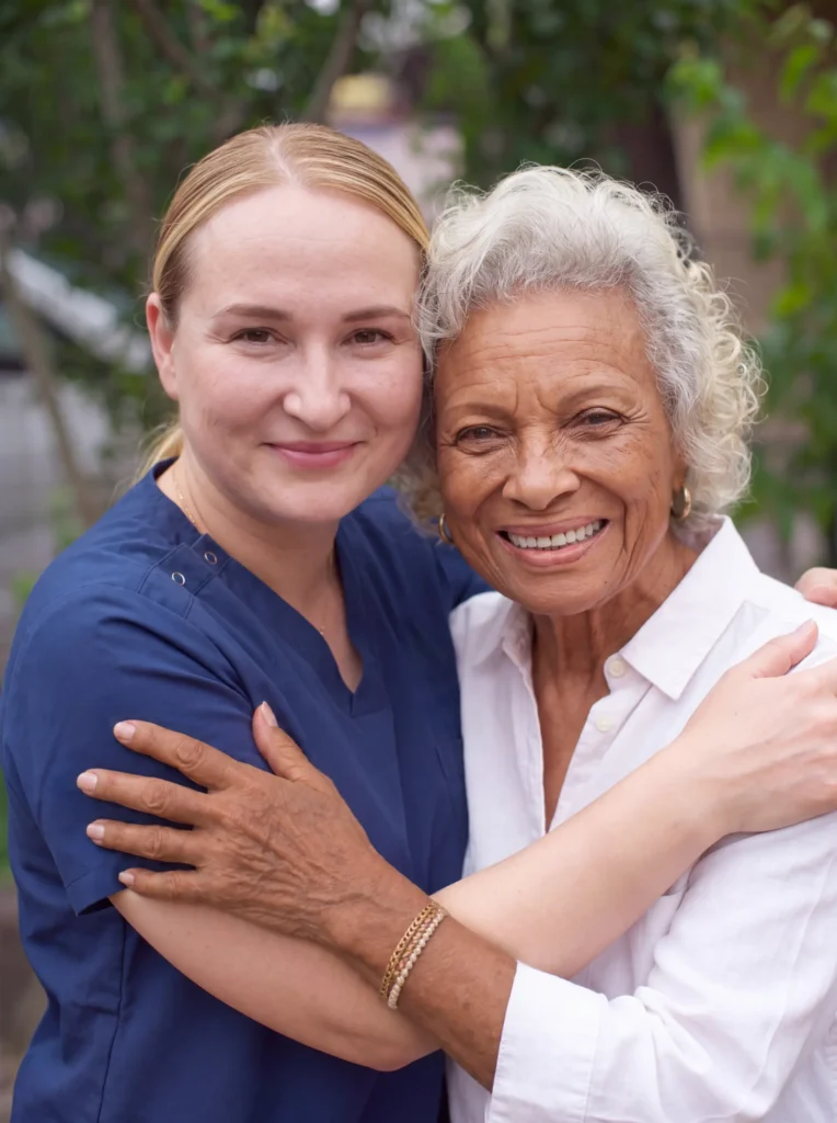 Smiling caregiver in navy scrubs hugging a happy senior woman with curly gray hair outdoors among green trees.