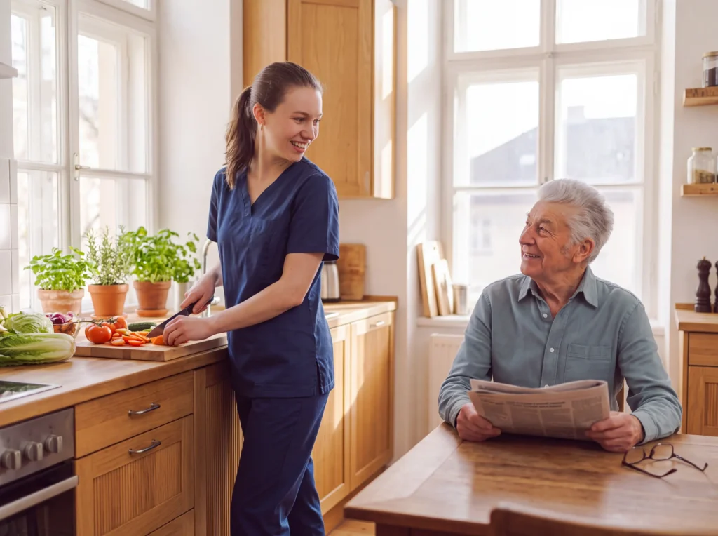 Caregiver chopping vegetables in a sunny kitchen while a smiling senior man with a newspaper chats with her.